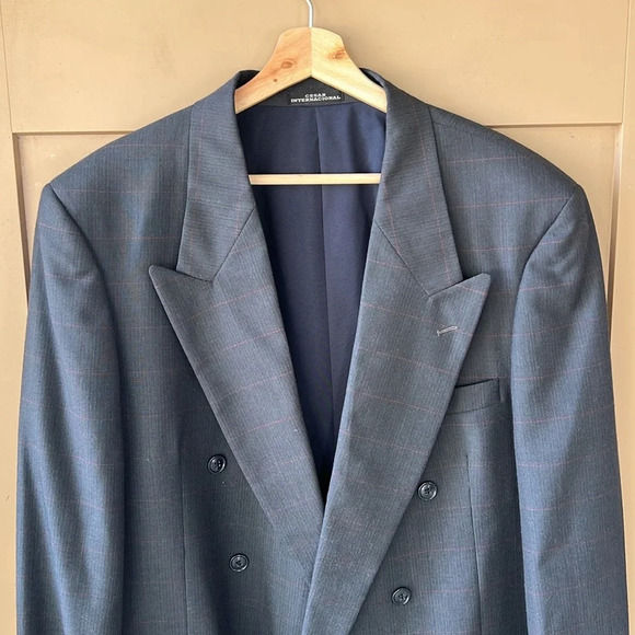 Givenchy Men Wool Blend Double Breasted Blazer Charcoal/ Red Window Pane Sz.44 - Picture 2 of 10